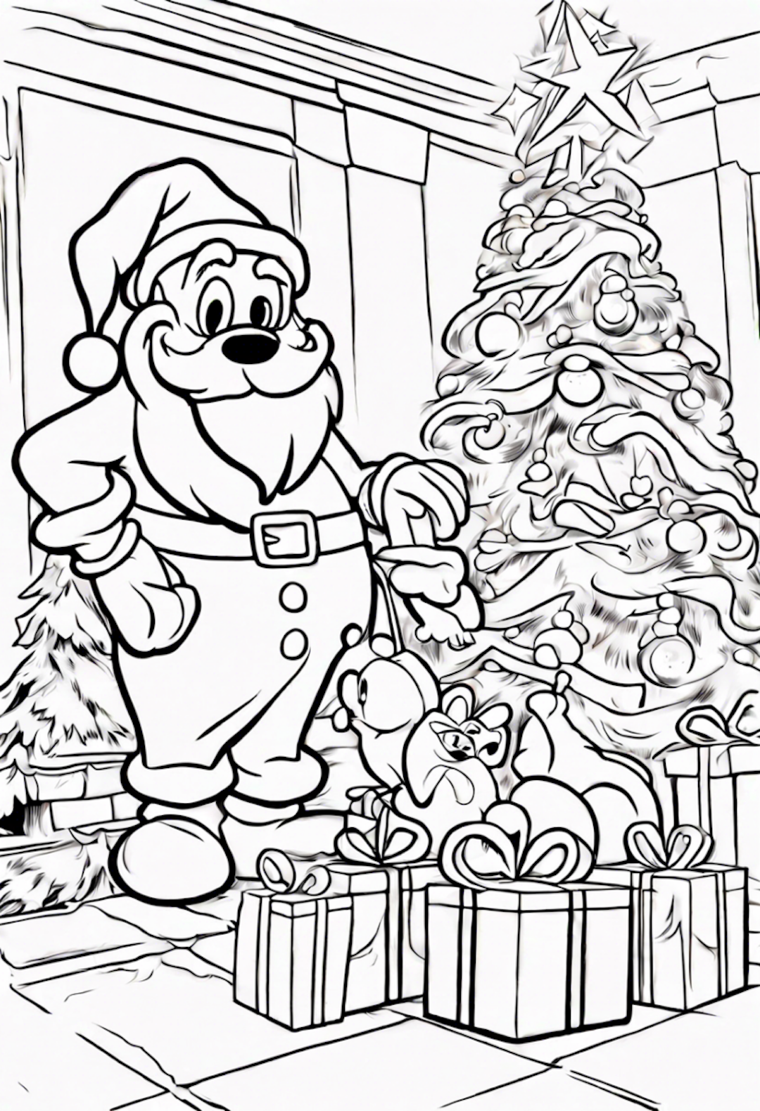 Santa Claus by the Christmas Tree coloring pages