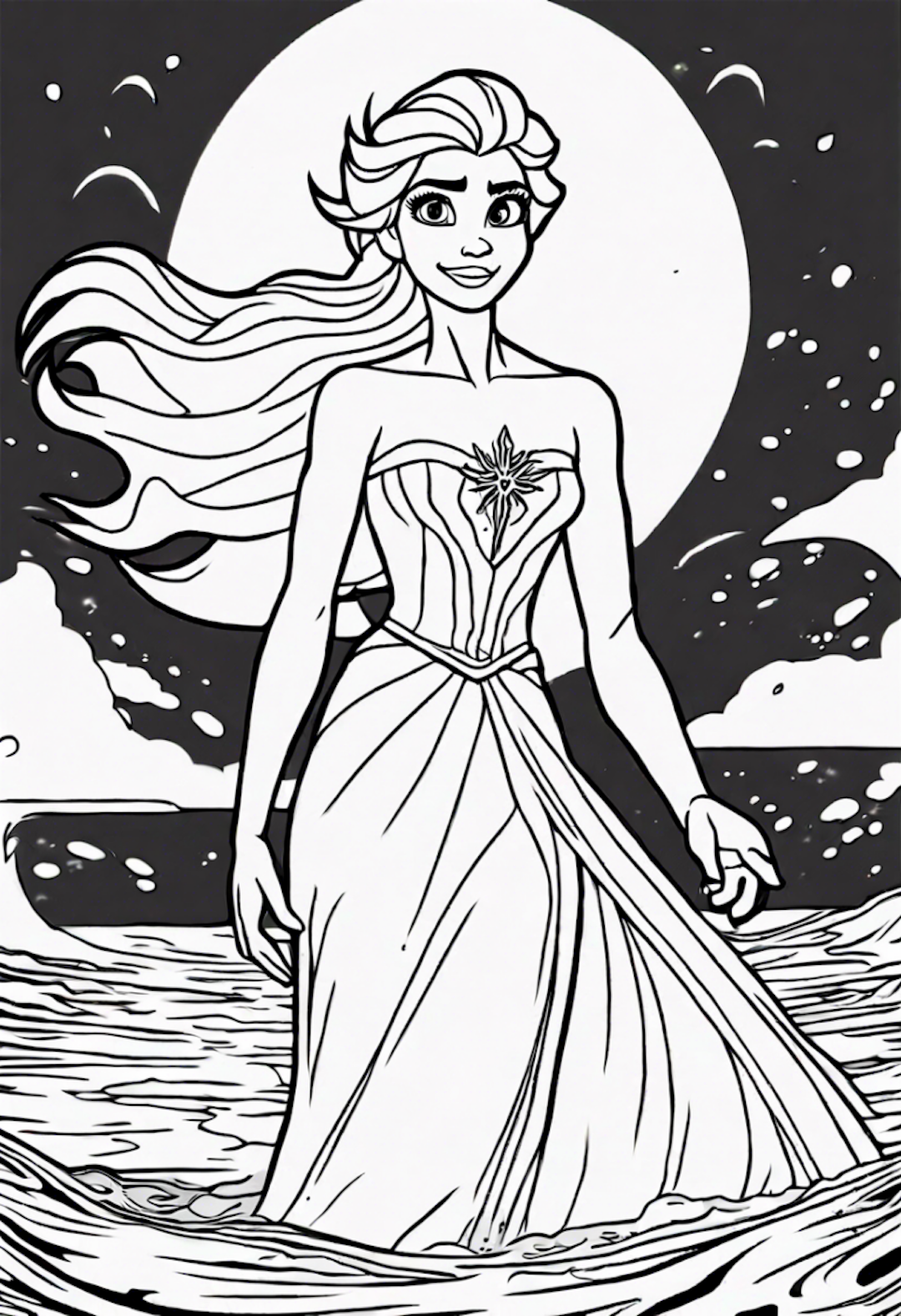 Elsa Walking on Water under a Full Moon coloring pages