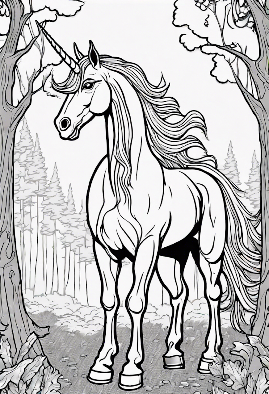 Majestic Unicorn in Enchanted Forest coloring pages