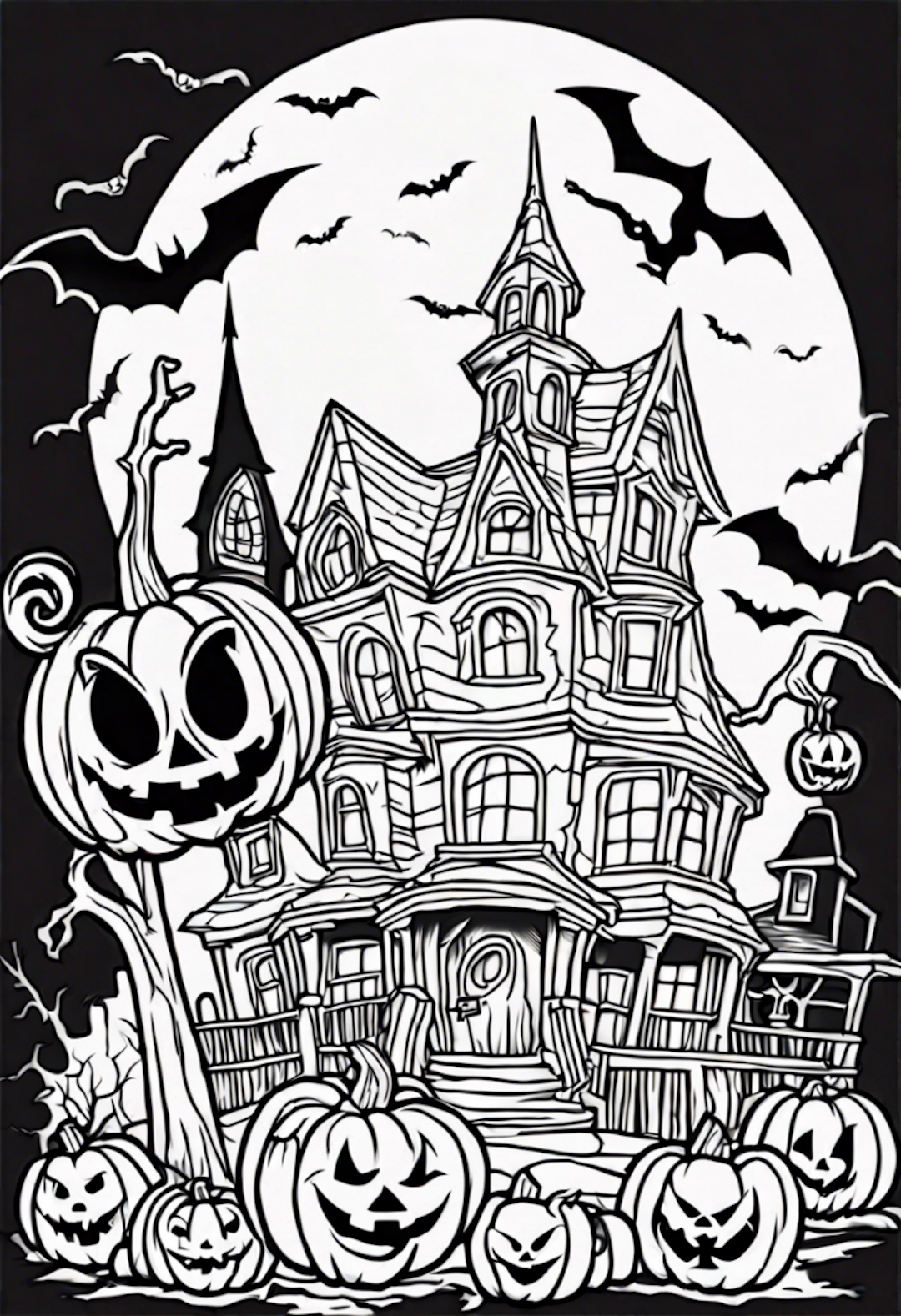 Haunted House and Spooky Jack-o’-Lanterns Coloring Page coloring pages