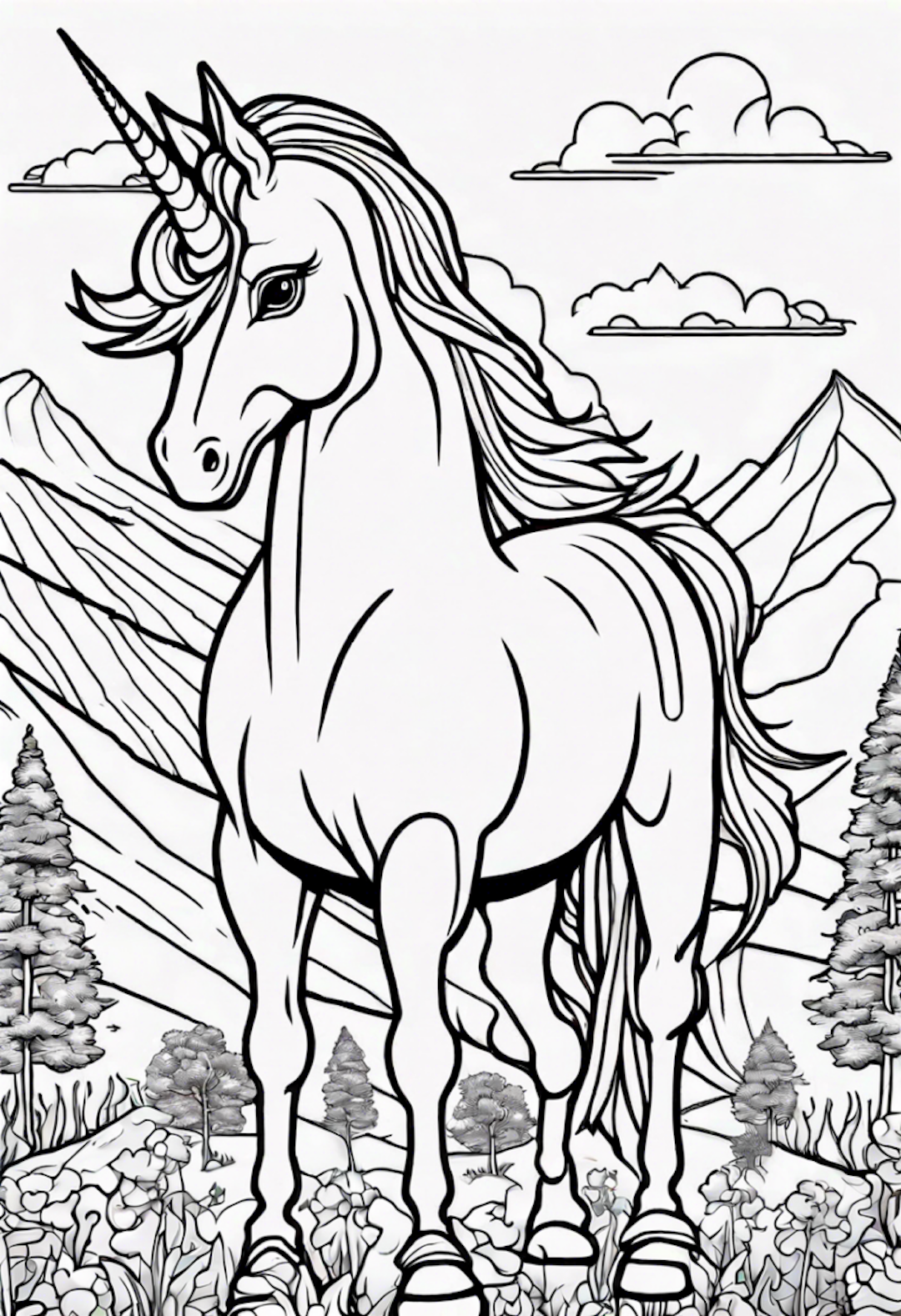 Majestic Unicorn in the Enchanted Mountains Coloring Page coloring pages