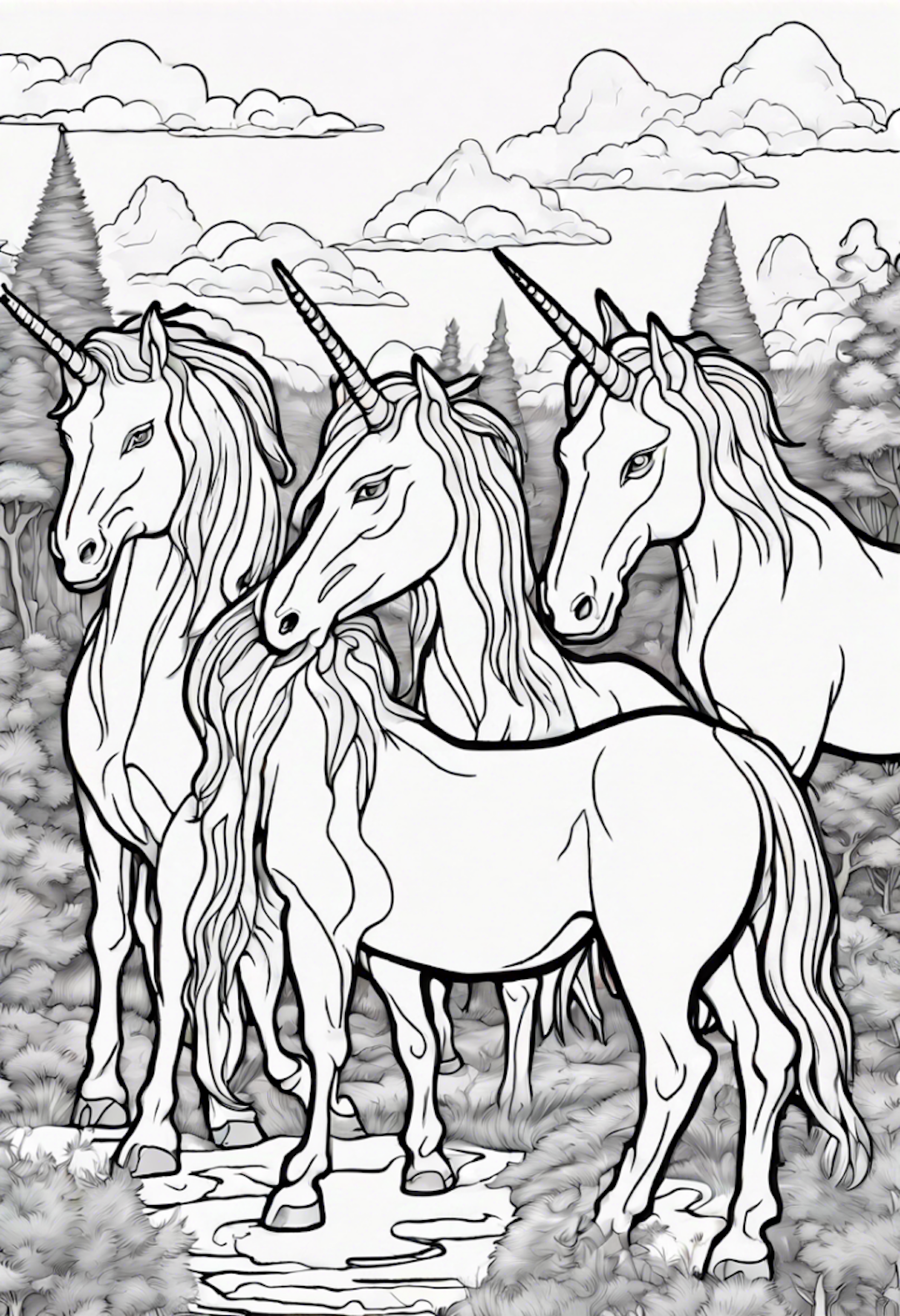 Enchanted Unicorn Gathering in Mystical Forest coloring pages