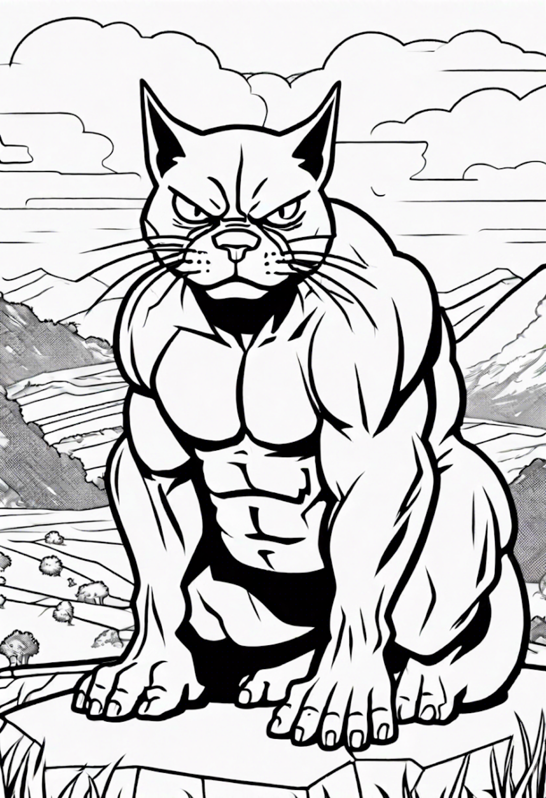 Majestic Muscular Cat on the Mountain coloring pages