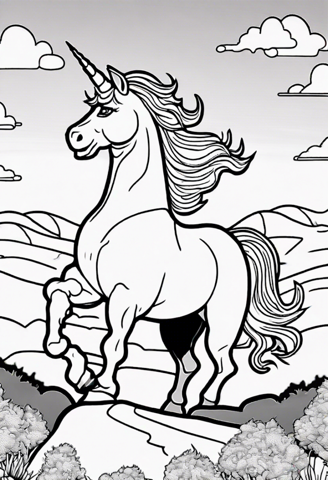 Majestic Unicorn in an Enchanted Meadow coloring pages