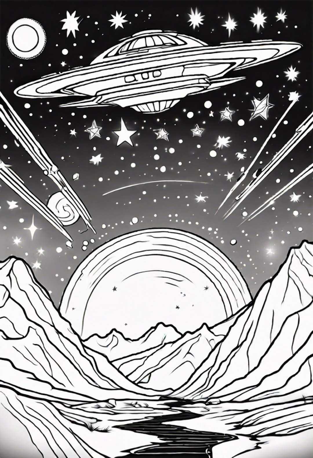UFO Adventure in a Starry Mountain Landscape coloring pages