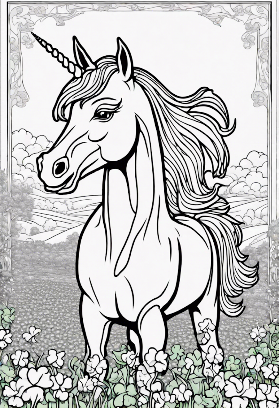 Magical Unicorn in Enchanted Meadow Coloring Page coloring pages