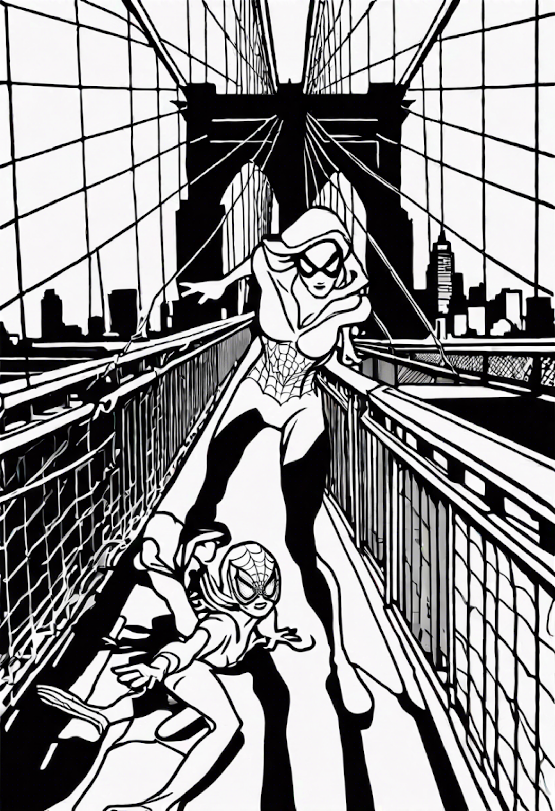 Spider-Man and Spider-Woman on the Bridge Adventure coloring pages