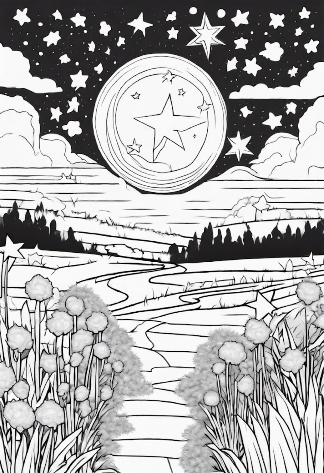 Starry Night Landscape Coloring Page coloring pages