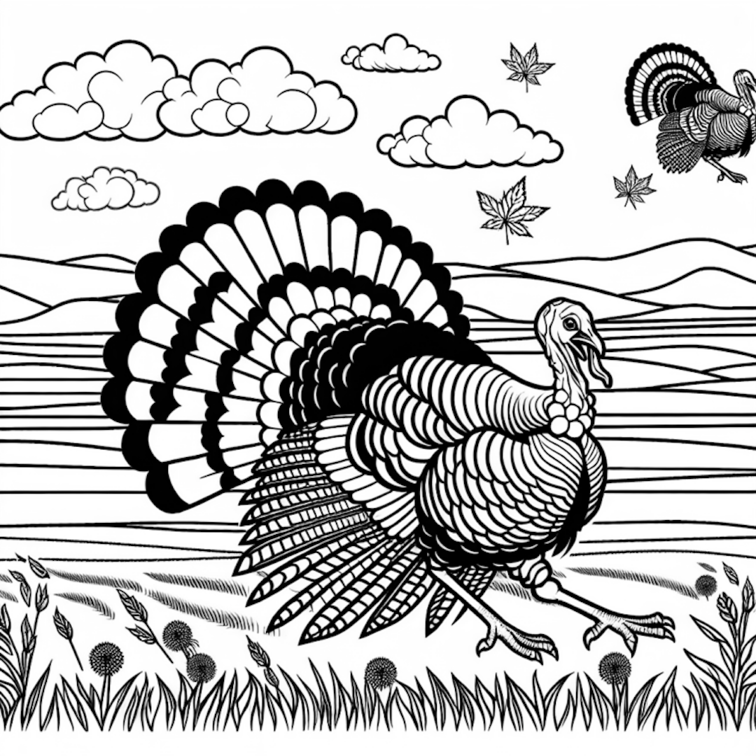 “Autumn Fields with Turkeys” coloring pages