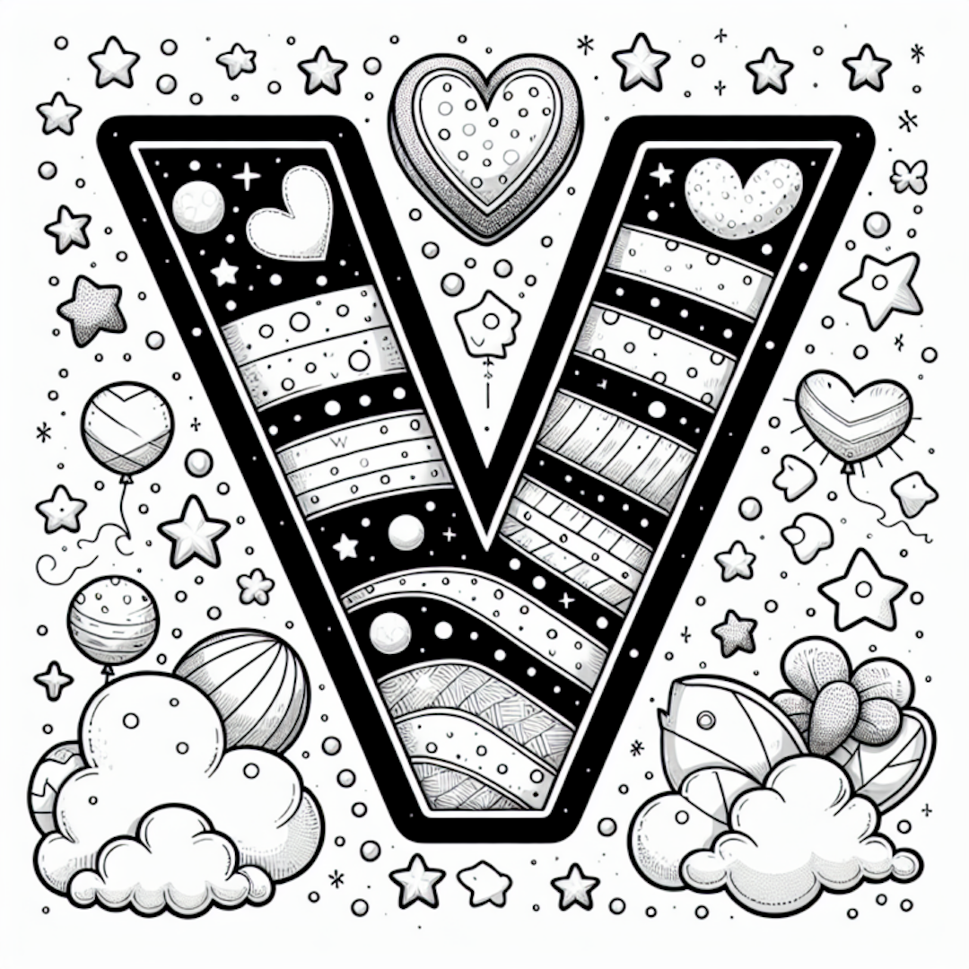 Decorative Letter ‘V’ with Stars and Hearts coloring pages