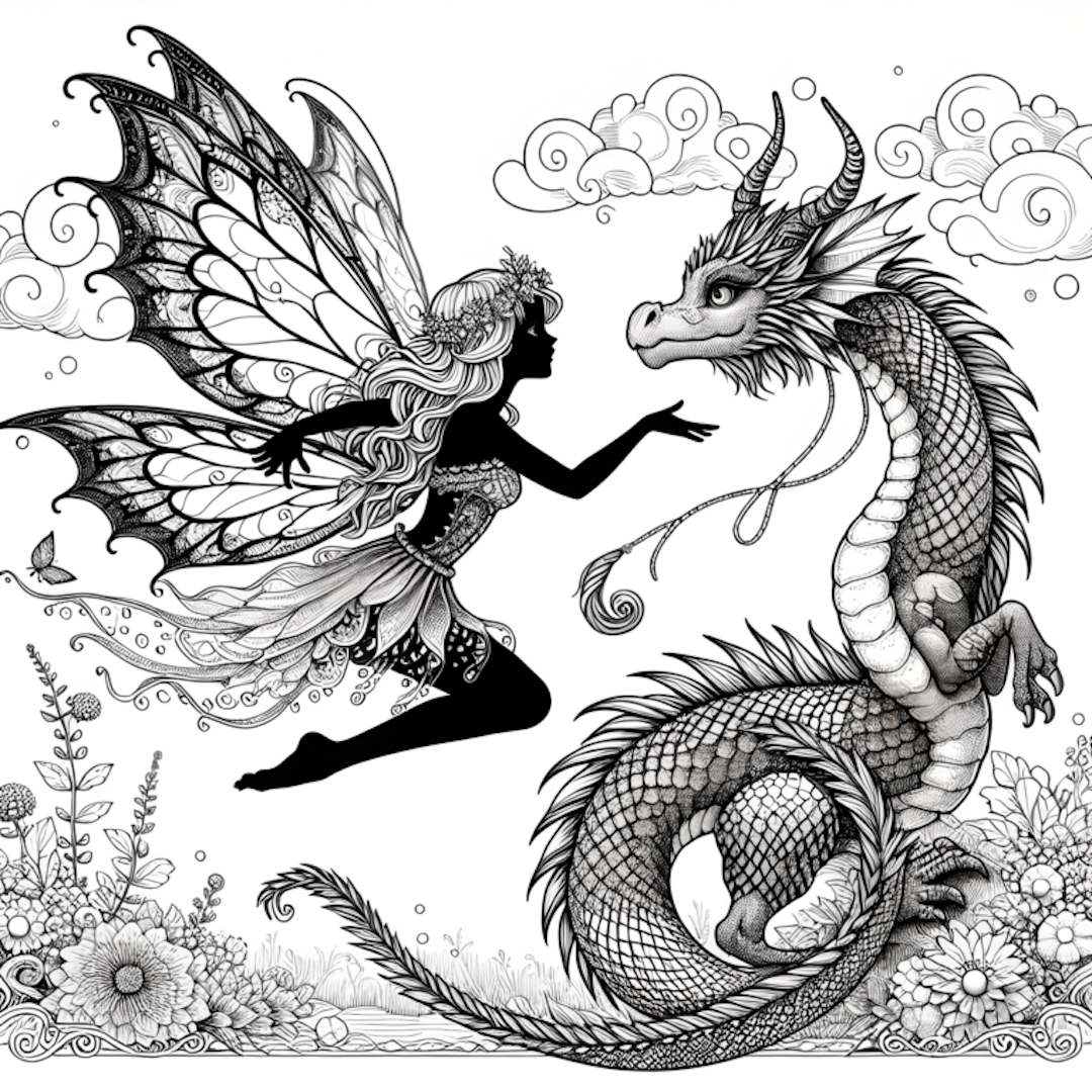 Fairy and Dragon Enchanted Encounter Coloring Page coloring pages
