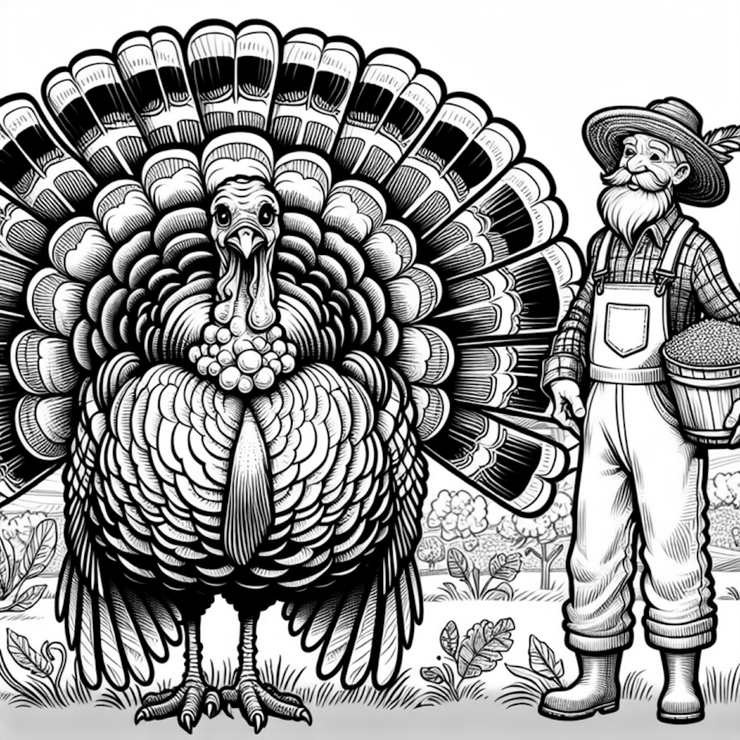Farmer and His Proud Turkey in the Field coloring pages