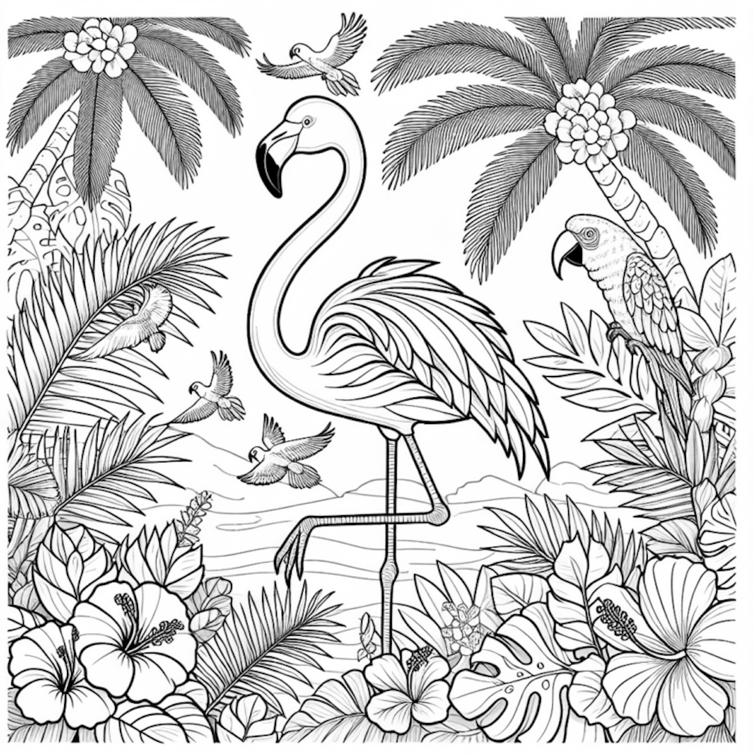 Flamingo in a Tropical Paradise Coloring Page coloring pages
