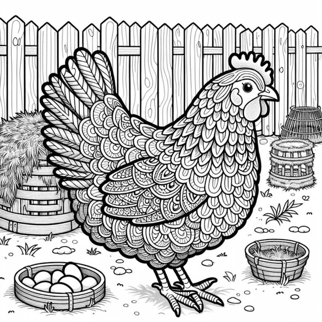 Intricate Hen in the Farmyard coloring pages