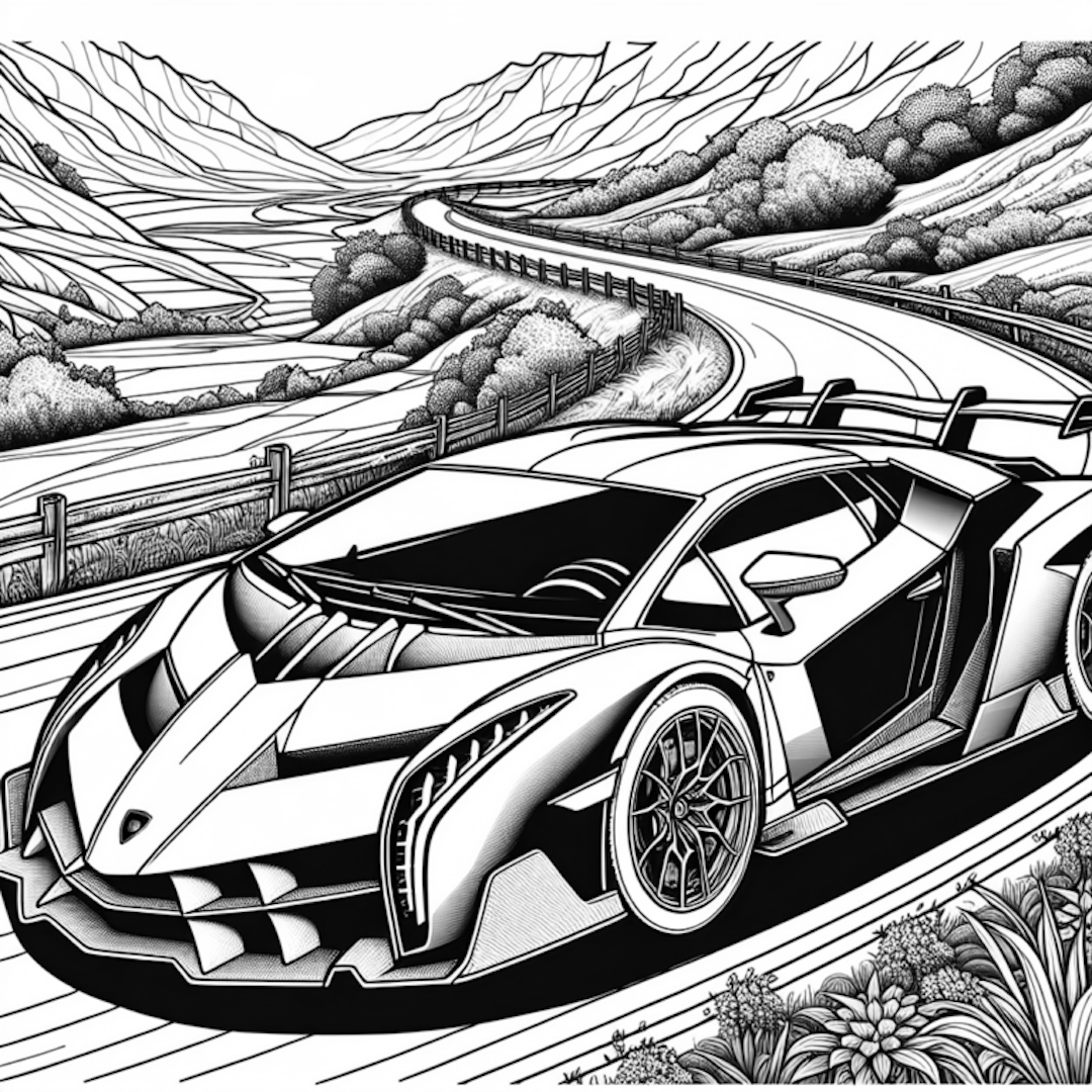 Lamborghini on a Scenic Mountain Drive Coloring Page coloring pages