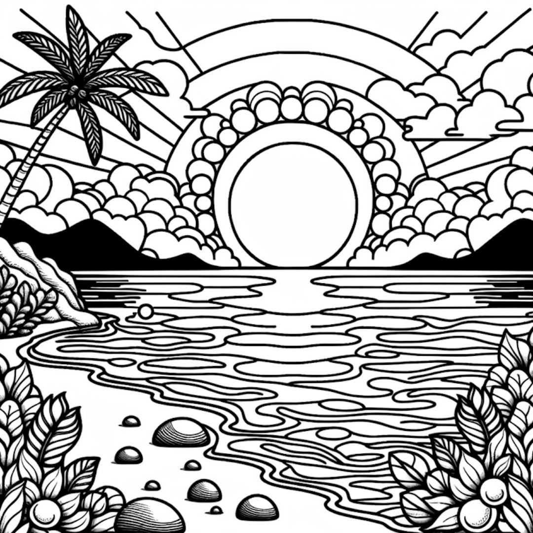 Sunrise at the Tropical Beach Coloring Page coloring pages
