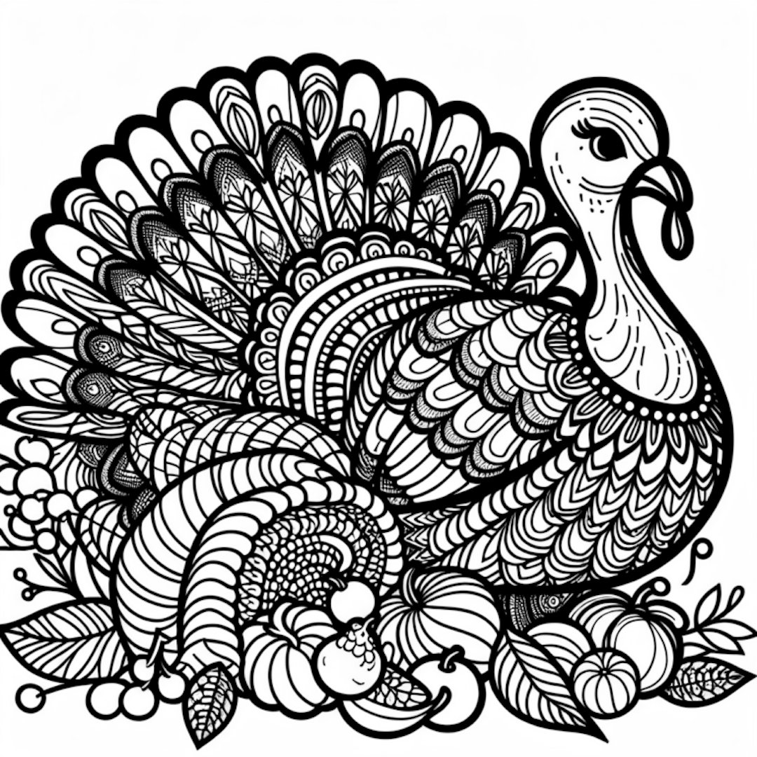 Thanksgiving Turkey and Harvest Scene coloring pages