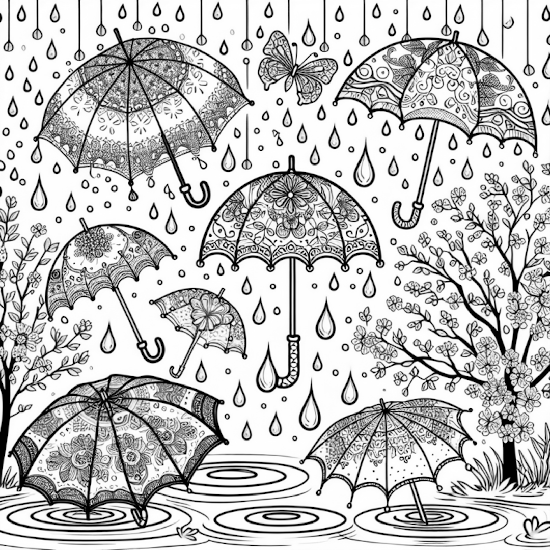 Umbrella Blossoms in the Spring Rain coloring pages