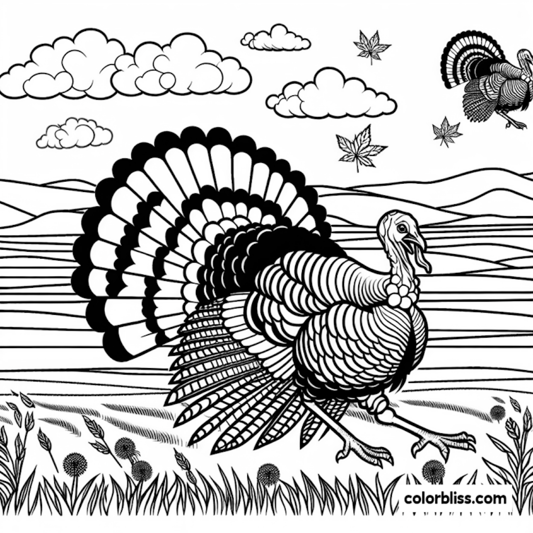 “Autumn Fields with Turkeys” coloring pages