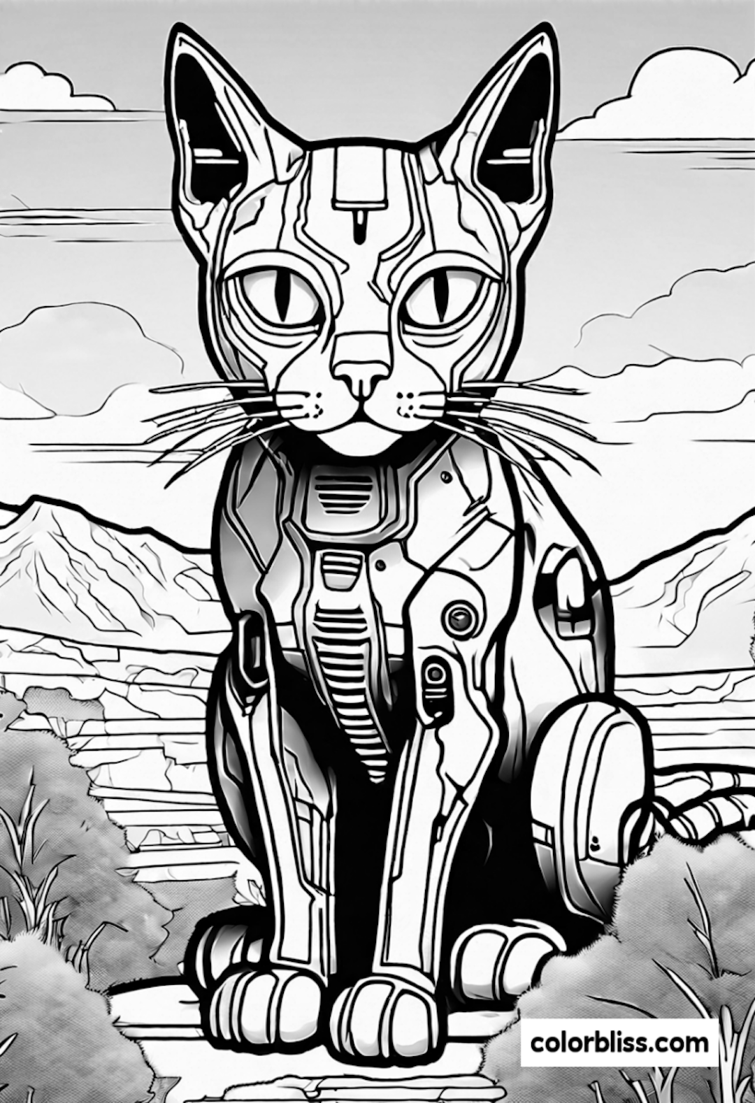 Cyber Cat in a Futuristic Landscape coloring pages