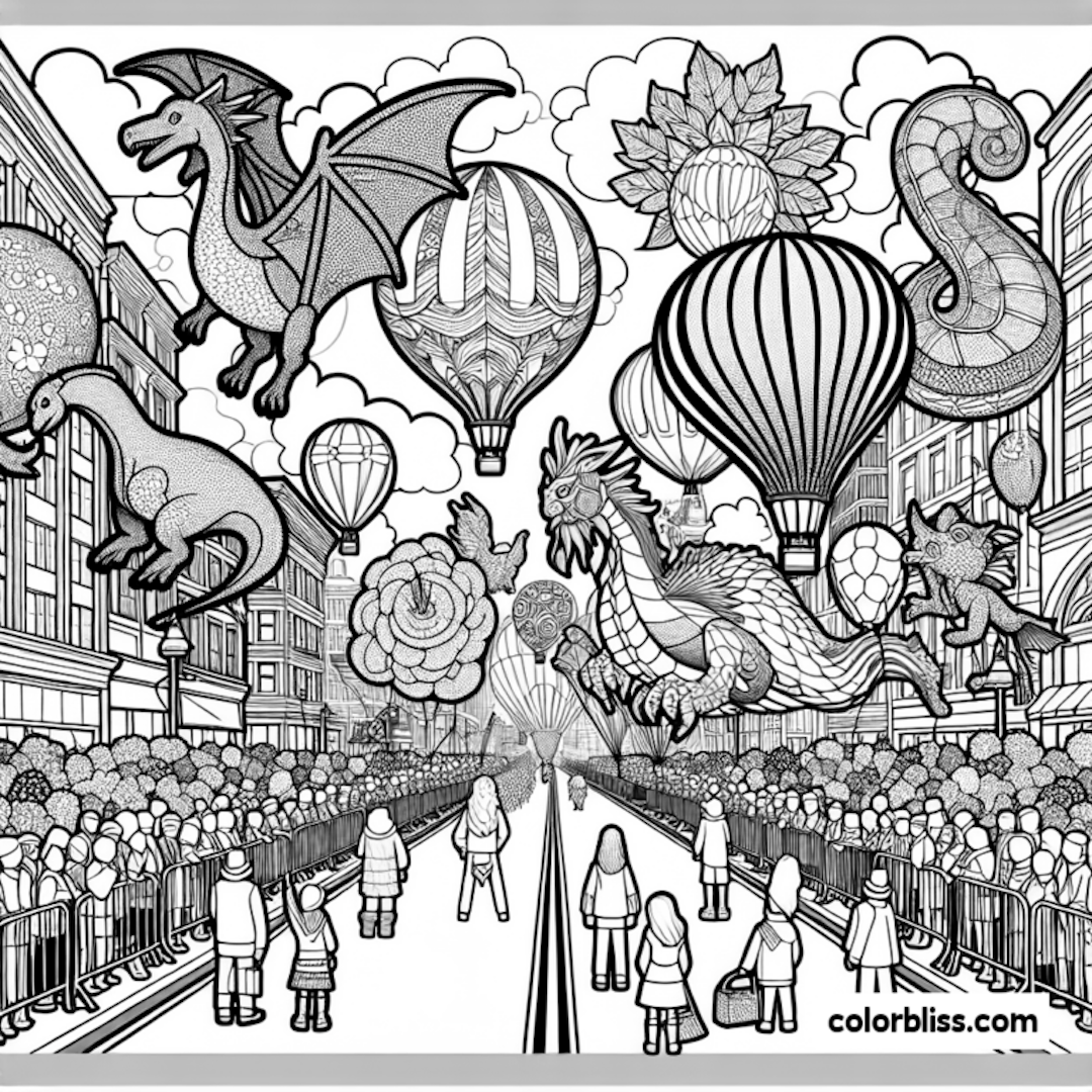 Fantasy Parade with Dragons and Balloons coloring pages