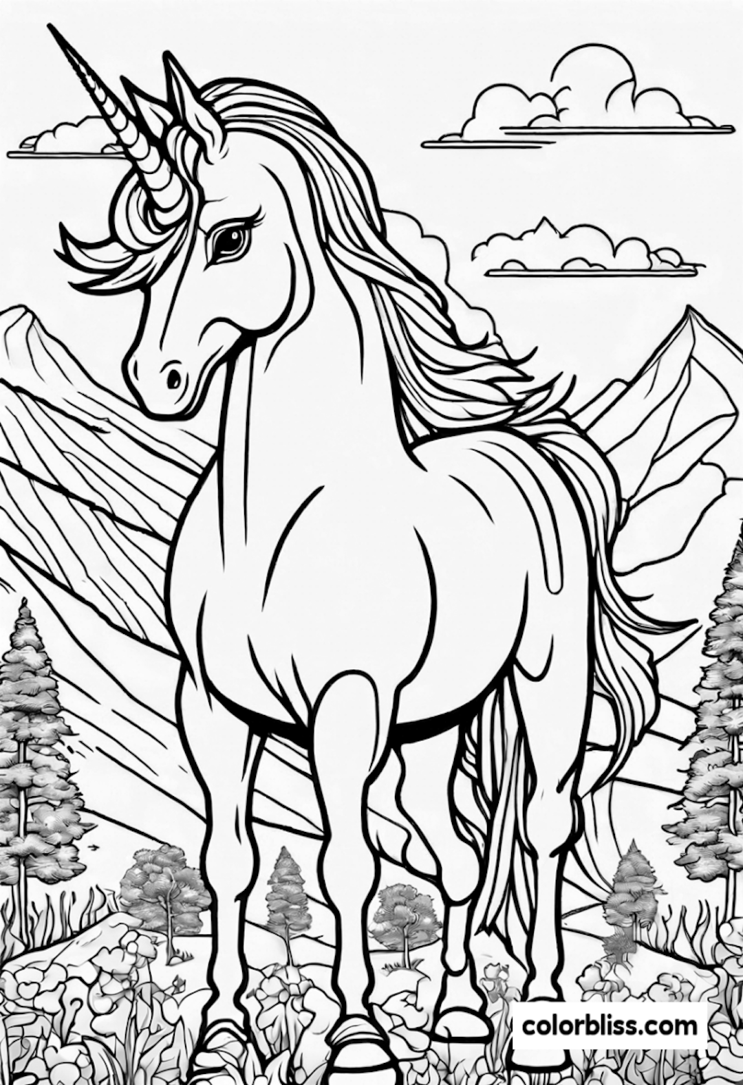 Majestic Unicorn in the Enchanted Mountains Coloring Page coloring pages