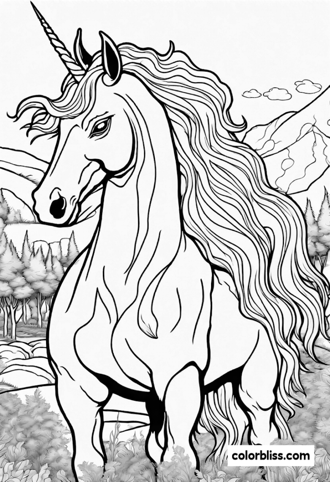 Majestic Unicorn in Enchanted Forest coloring pages