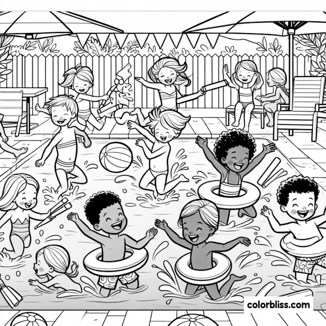 Pool Party Fun for Kids! Coloring Page | ColorBliss