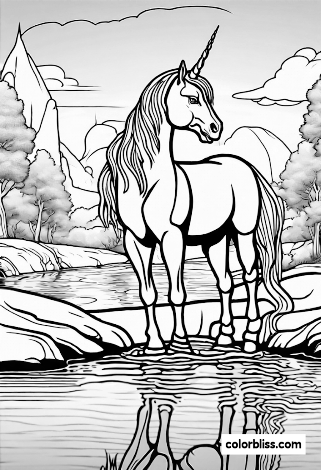 Unicorn by the Tranquil River coloring pages