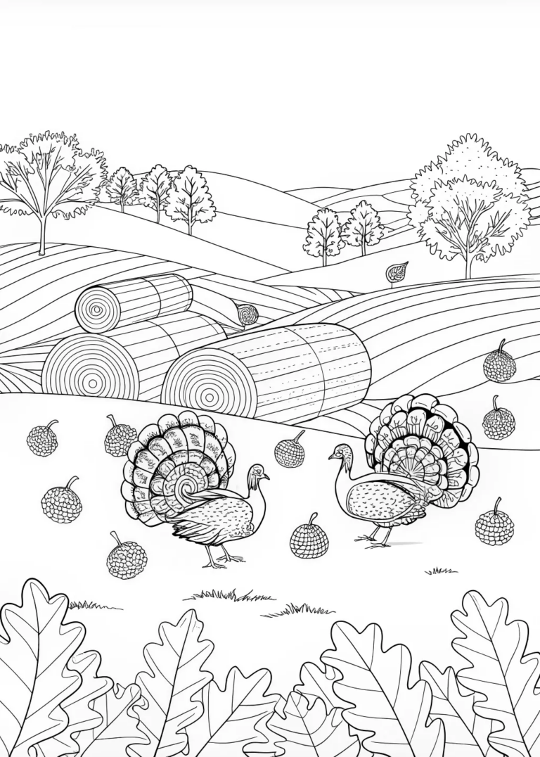 “Autumn Fields with Turkeys” coloring pages
