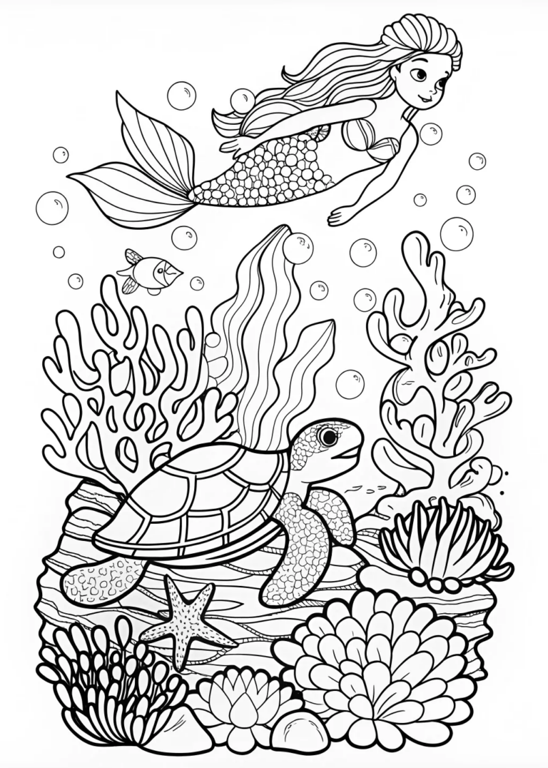 Mermaid and Sea Turtle Adventure coloring pages