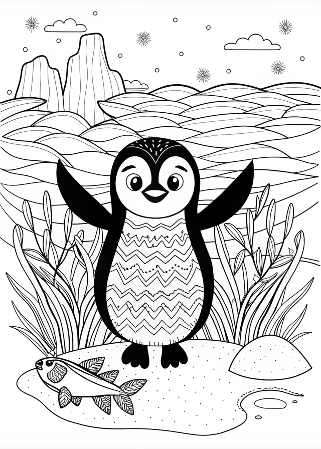 Penguin by the Shore Coloring Page