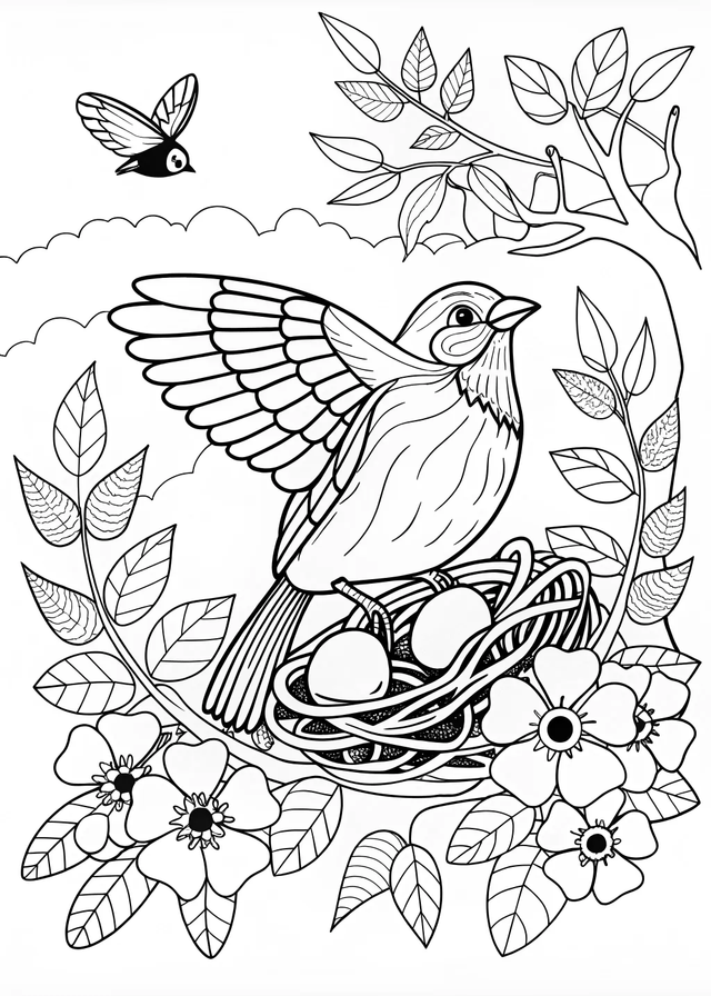 Sparrow on a Branch Coloring Page