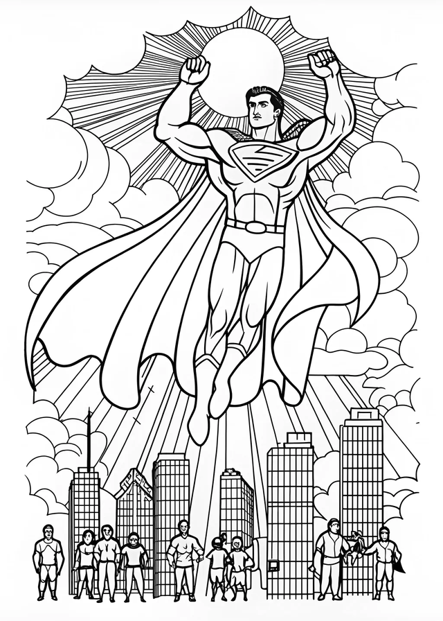 Superman Soars Over the Landscape Coloring Page