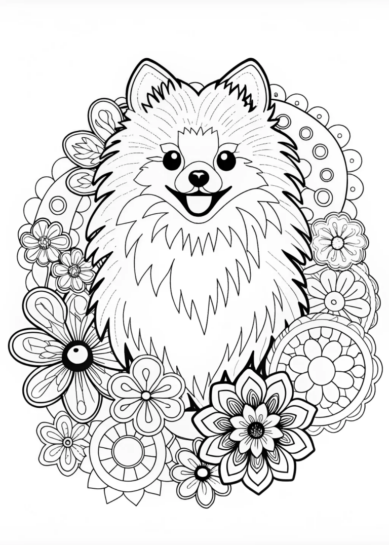 A coloring page of Detailed Pomeranian