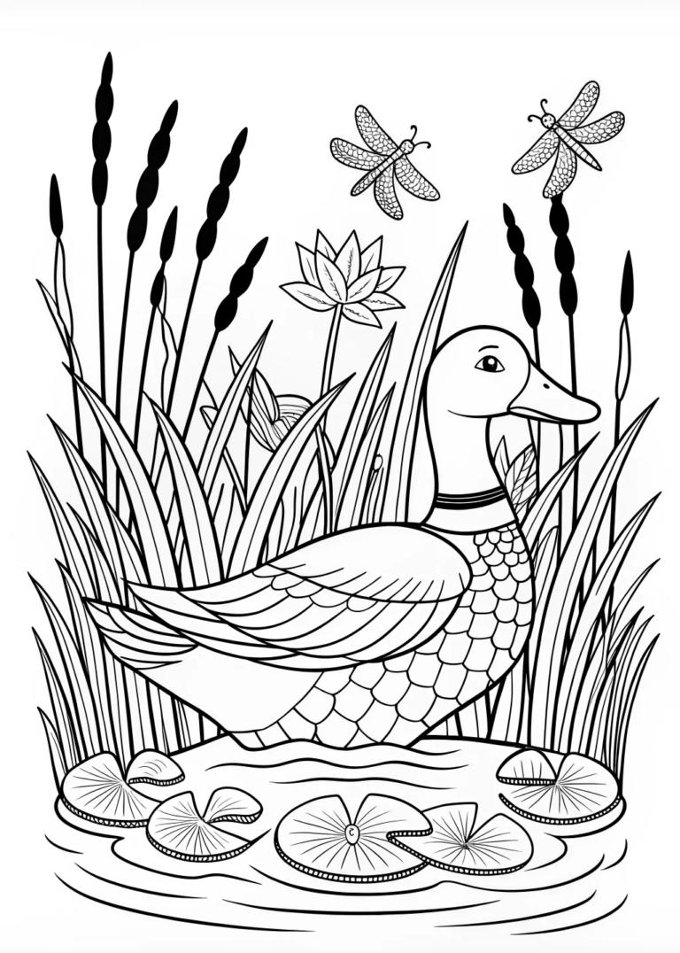 A coloring page of Duck by the Lake Coloring Page
