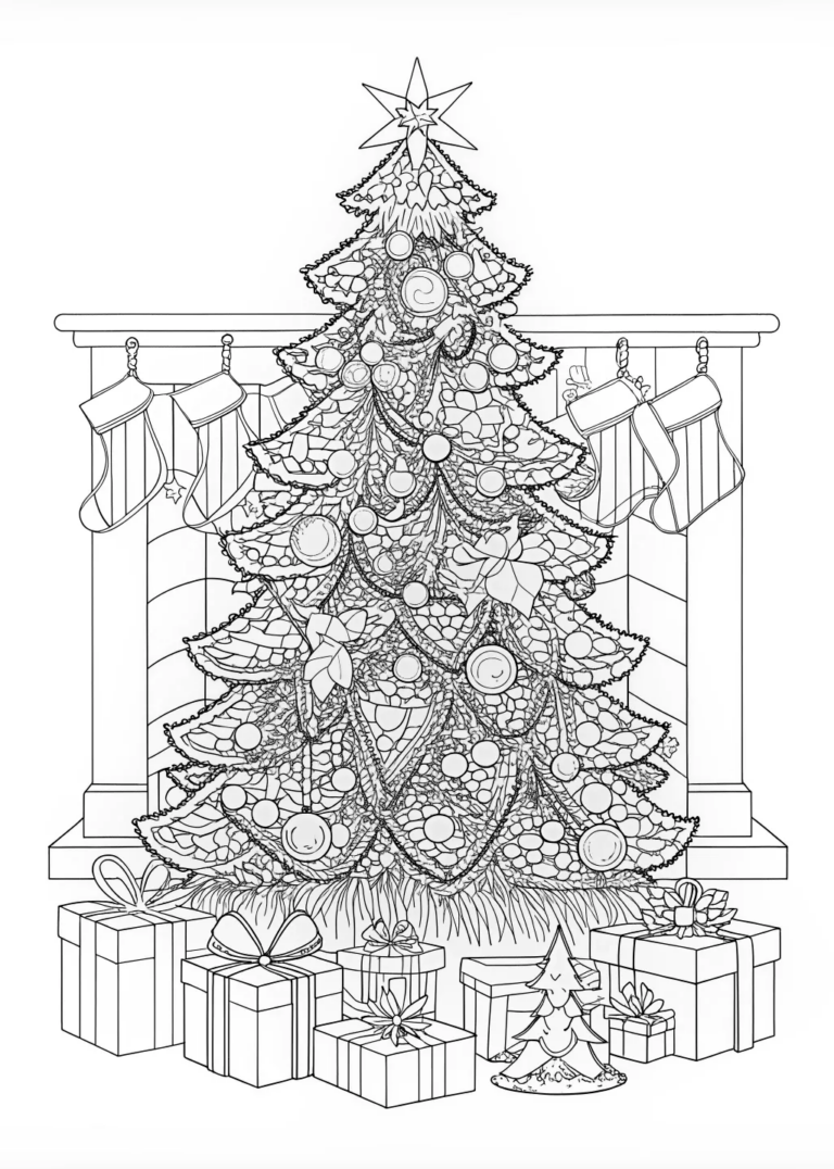A coloring page of Christmas Tree with Star and Ornaments