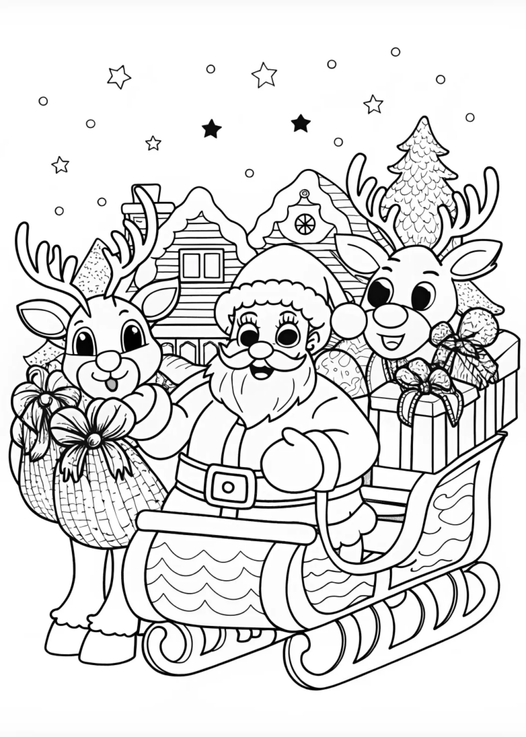 A coloring page of Sven the Reindeer in the Winter Forest