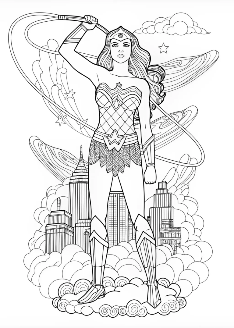 A coloring page of Wonder Woman in the Mountains Coloring Page