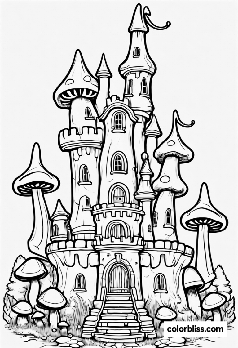 Enchanted Mushroom Castle Coloring Page ColorBliss