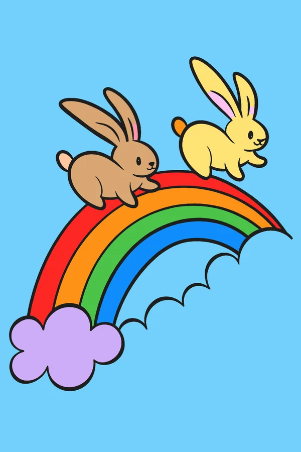 Completed color by number picture of bunnies on a rainbow road