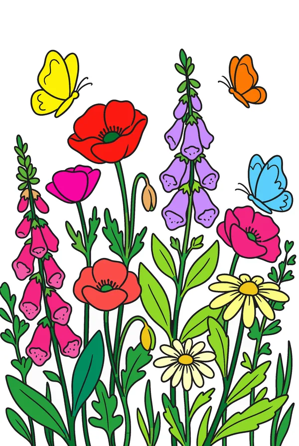 Completed color by number picture of butterfly garden