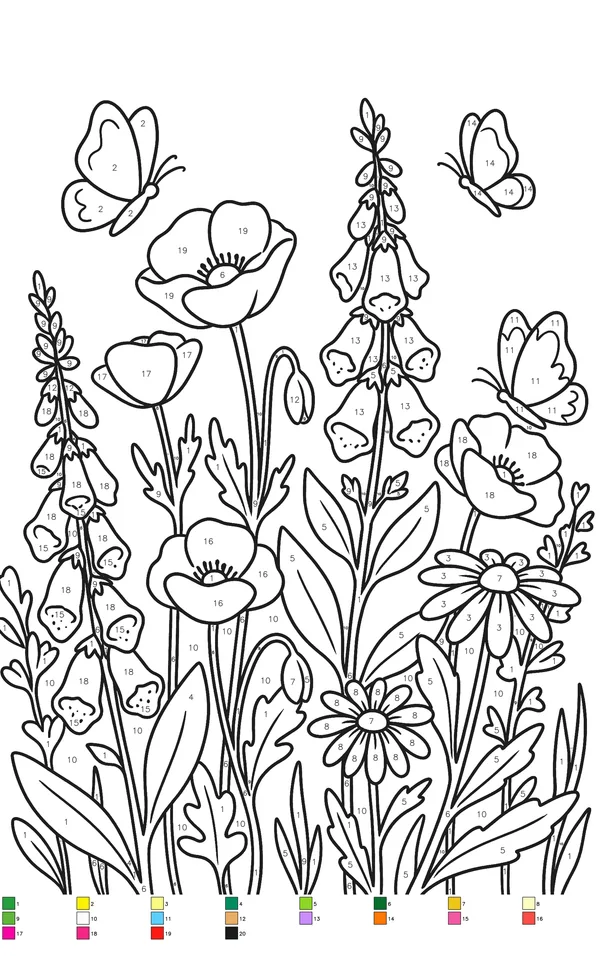 Numbered color by number worksheet showing butterfly garden