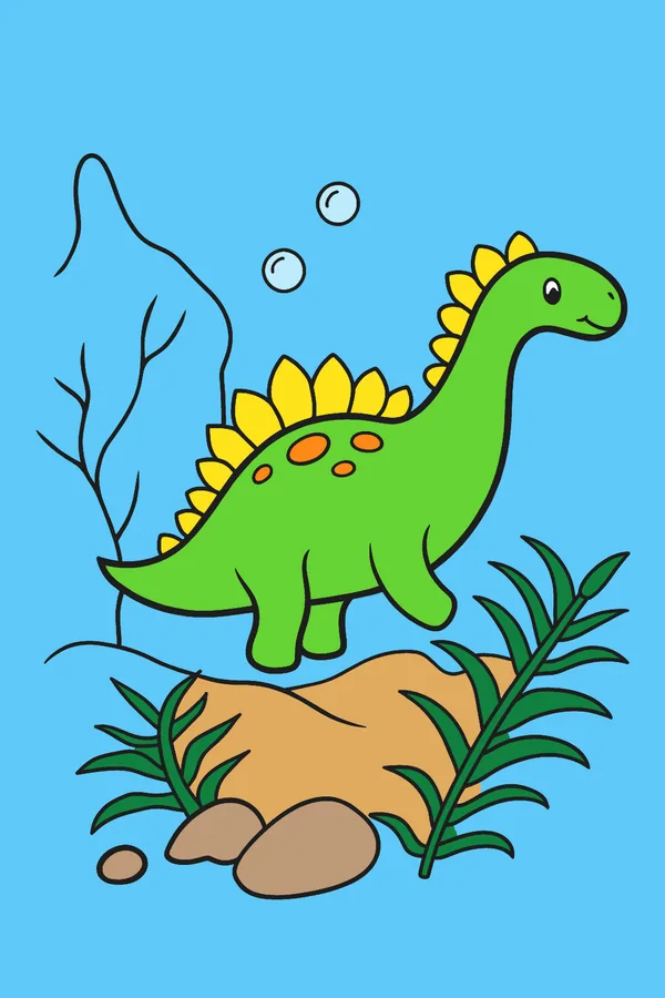 Completed color by number picture of dinosaur underwater