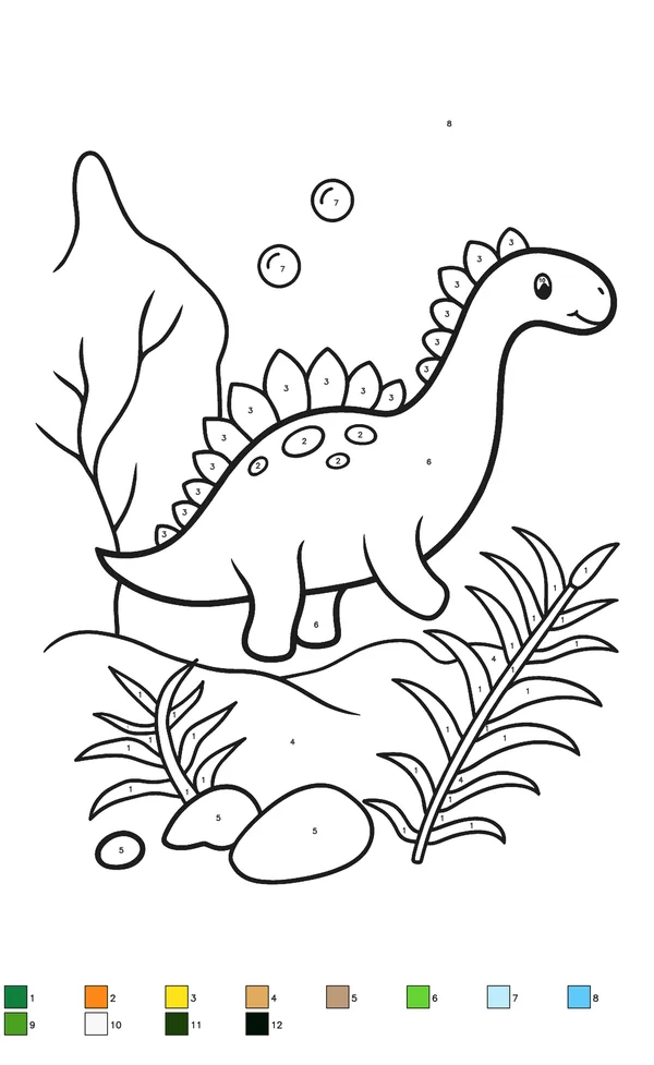 Numbered color by number worksheet showing dinosaur underwater