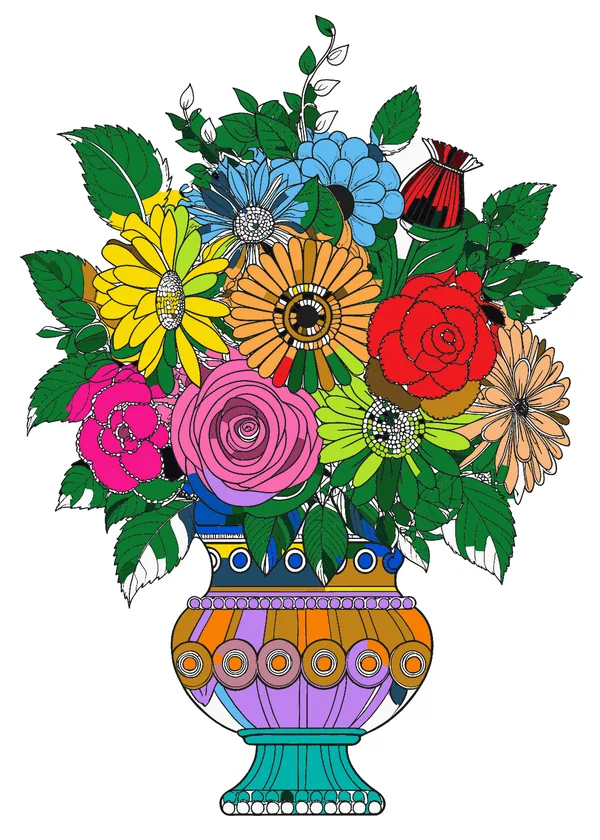 Completed color by number picture of floral vase