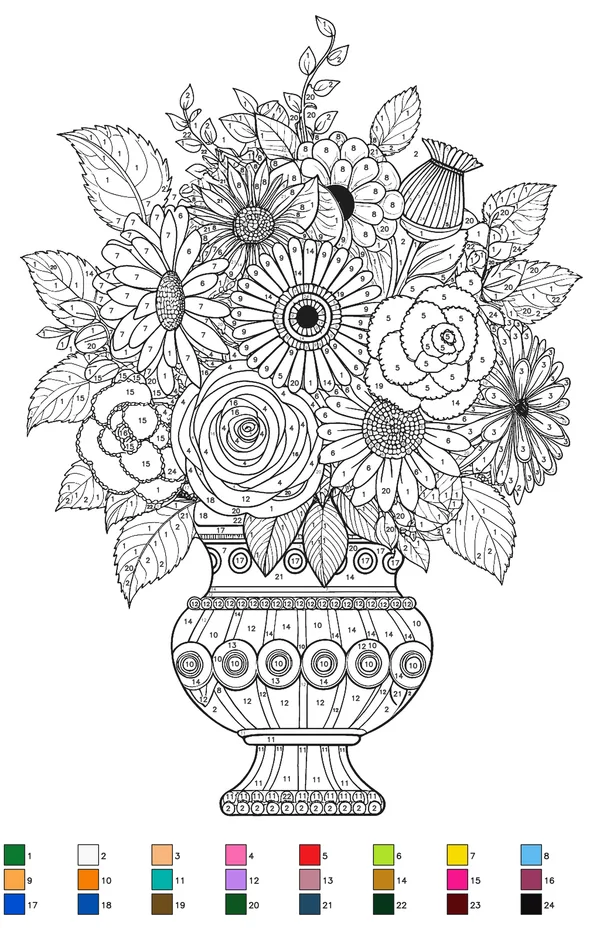 Numbered color by number worksheet showing floral vase