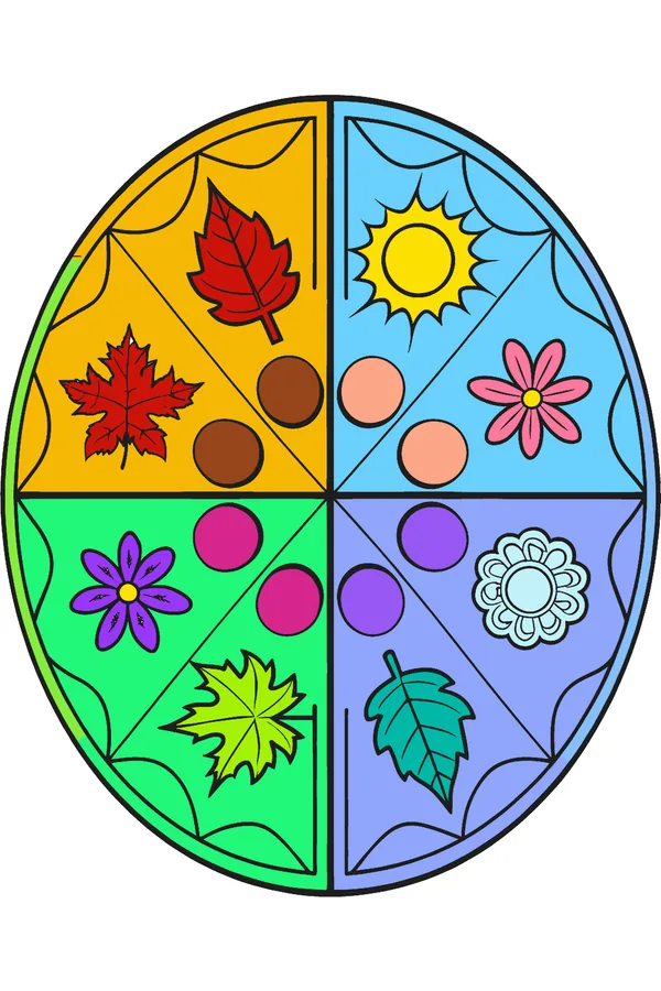 Completed color by number picture of four seasons mandala