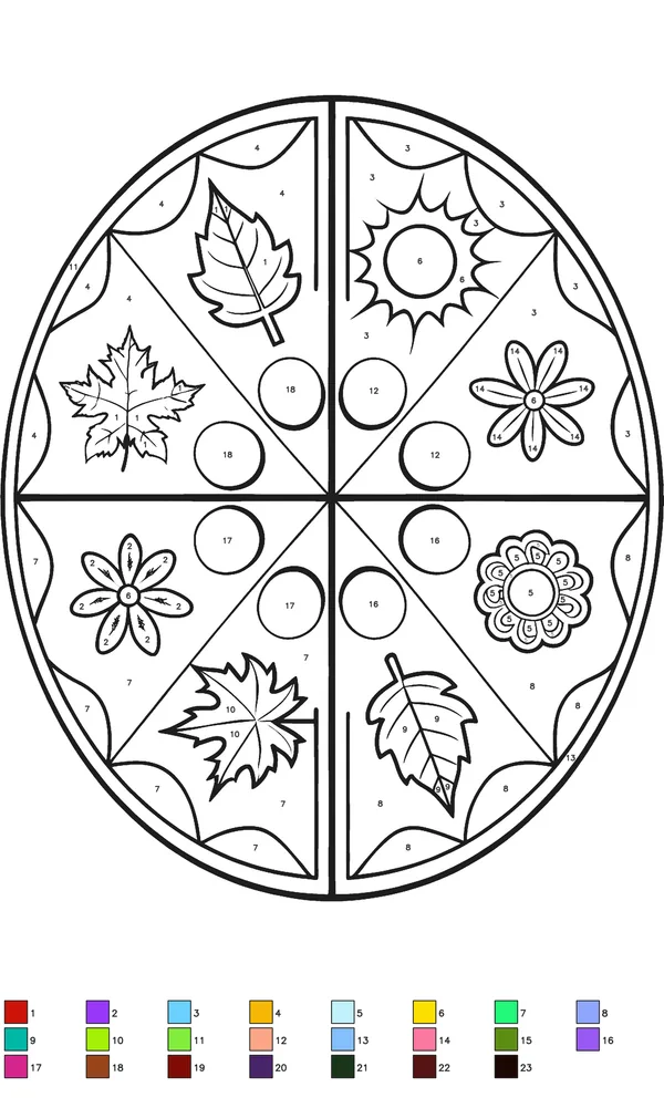 Numbered color by number worksheet showing four seasons mandala