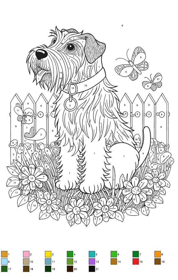 Numbered color by number worksheet showing murphy the dog